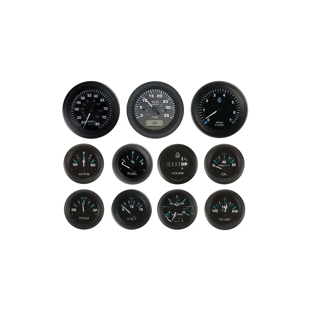 Sierra 69726P Eclipse Gauge Set, Black Inboard 4 Set, Tachometer, Voltmeter, Oil Pressure, Water Temp 1