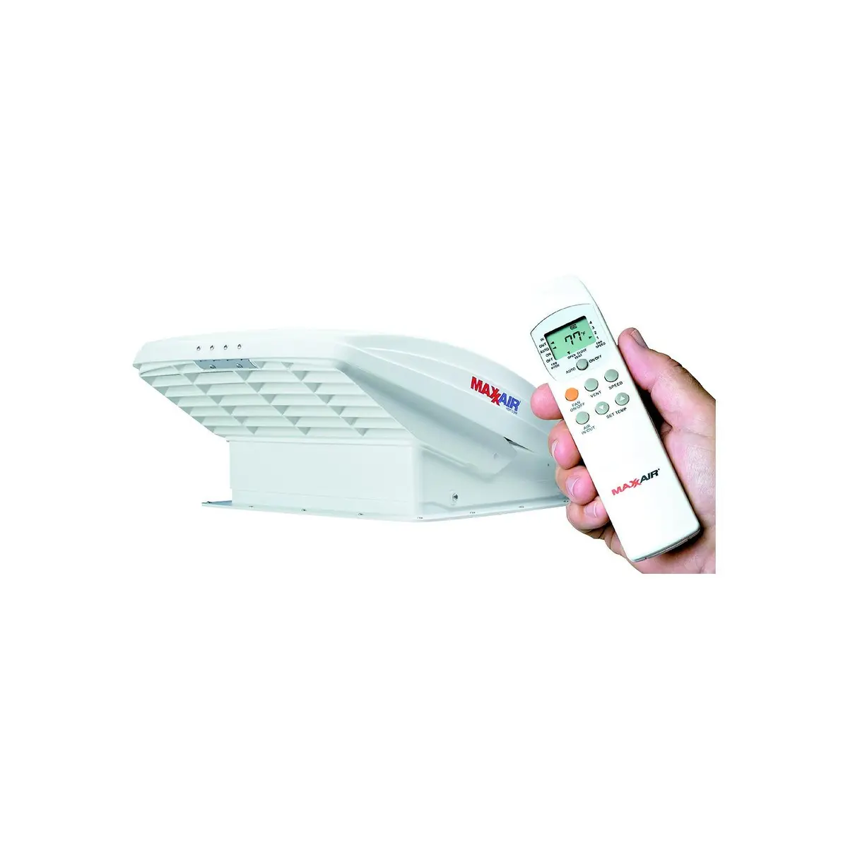 Maxxair 00-07000K Maxxfan Deluxe White Rv 10-Speed Fan W/Electric Opening, Remote Control & Rain Shield 1