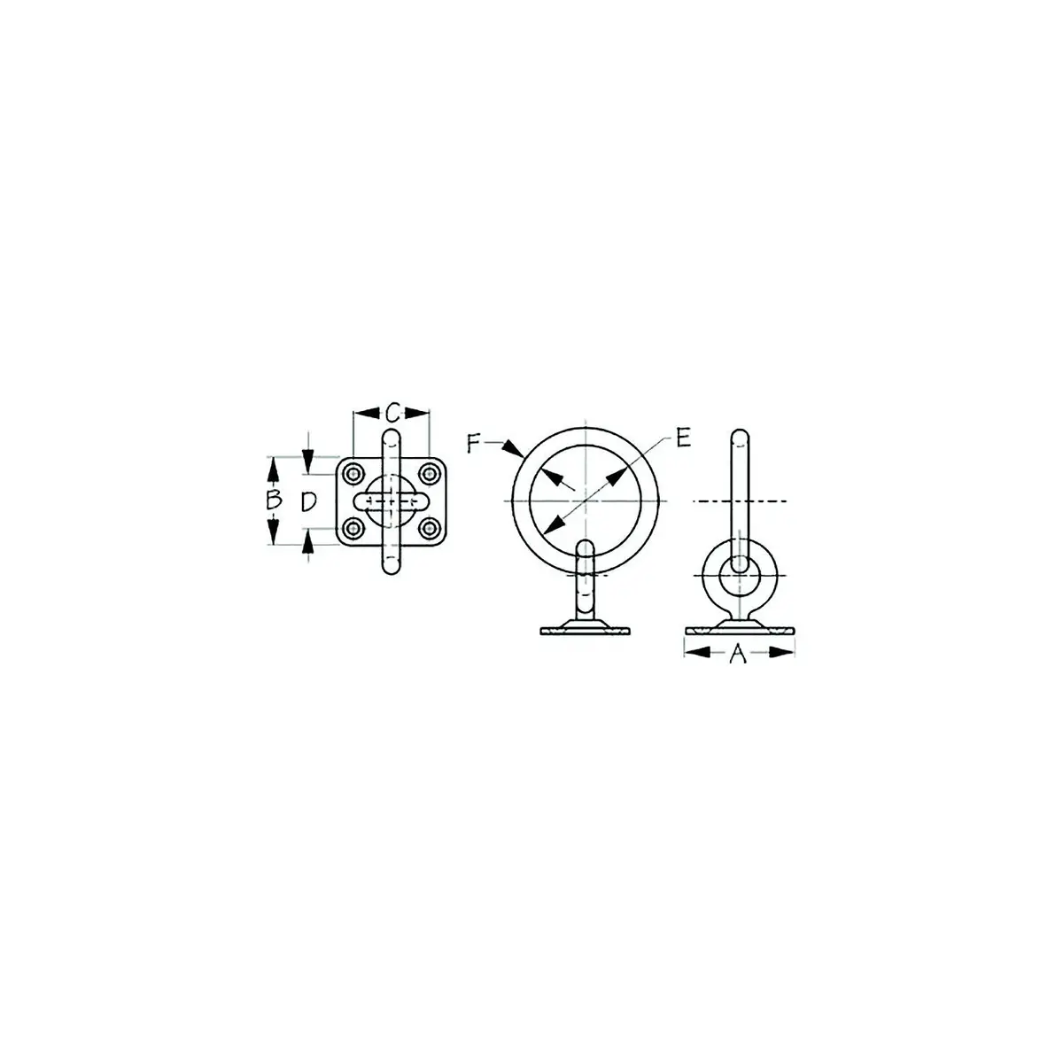 Sea Dog 89513 Sea-Dog Swivel Eye Plate W/ Ring, A:2", B:1-9/16", C:1-3/8", D:1", E: 1-15/16" F:5/16" #10 Fh 1