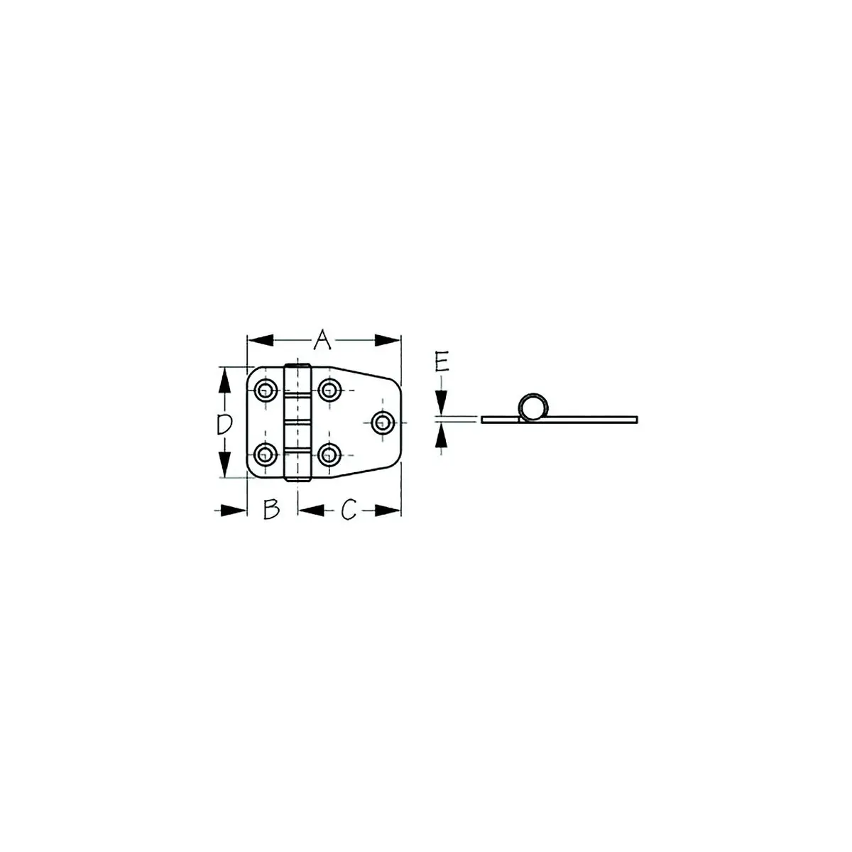 Sea Dog 203510-1 Dampening Short Side Door Hinge, #8 Fh, A= 2-1/8", B=11/16" C= 1-7/16", D= 1-1/2", E= 1/16" 1