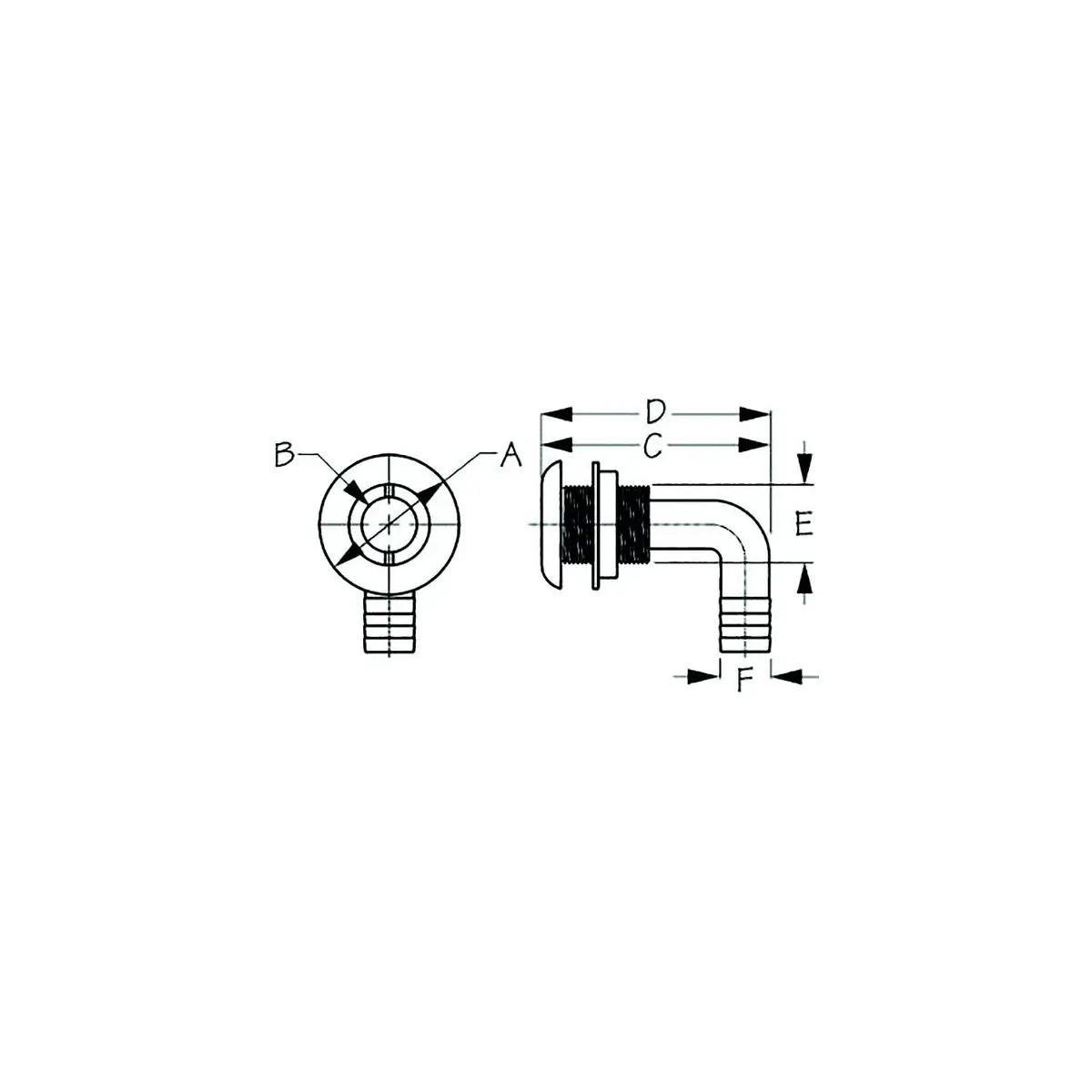 Sea Dog 520830 90° Thru-Hull With Stainless Cap, 5/8", A: 1-7/8", B: 7/8", C: 1-13/16", D: 3-7/16", E: 1-15/16", F: 5/8" 1