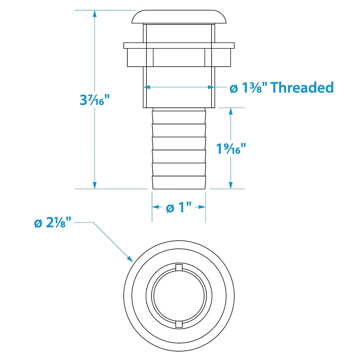 Seachoice 50-18071 Thru-Hull Connector W/ Broad Flange, Fits 1 In. Id Hose, 1-1/4 In. Max Hull 1