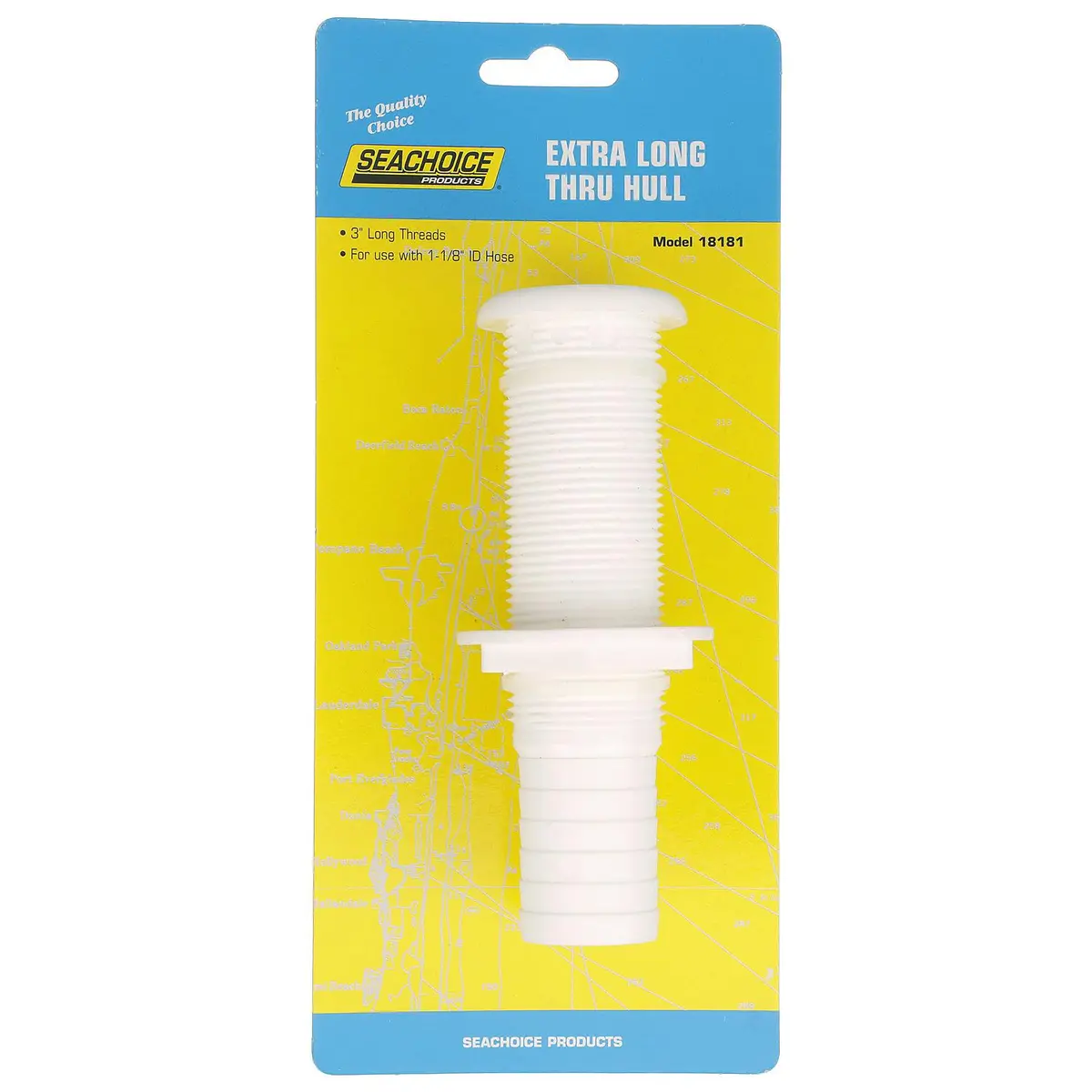 Seachoice 18181 Extra Long Thru-Hull Fitting W/ Broad Flange For 1-1/8 In. Id, Hose, 3 In. Long Thread 1