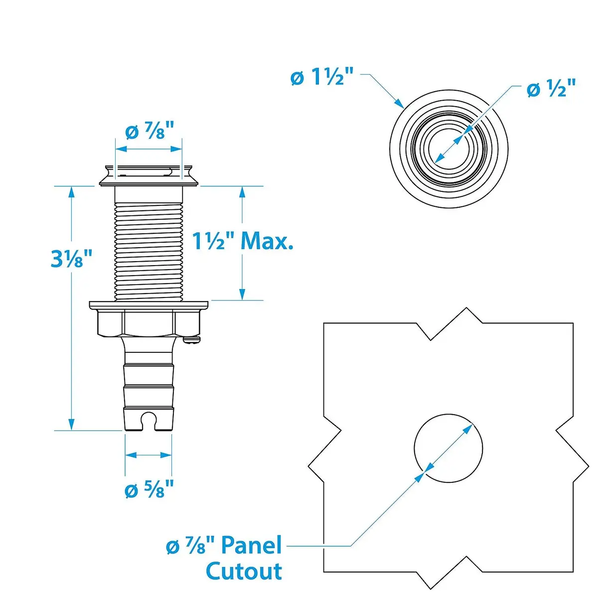 Seachoice 50-18591 Thru Hull Fitting, Mega-Flow Dripless, 316 Stainless Steel, Fits 5/8" Hose, 1-1/2" Max Hull 1