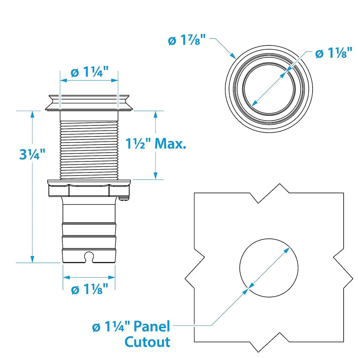 Seachoice 50-18621 Mega-Flow Dripless Thru Hull Fitting, 316 Ss, Fits 1-1/8" Hose, 1-1/2" Max Hull 1