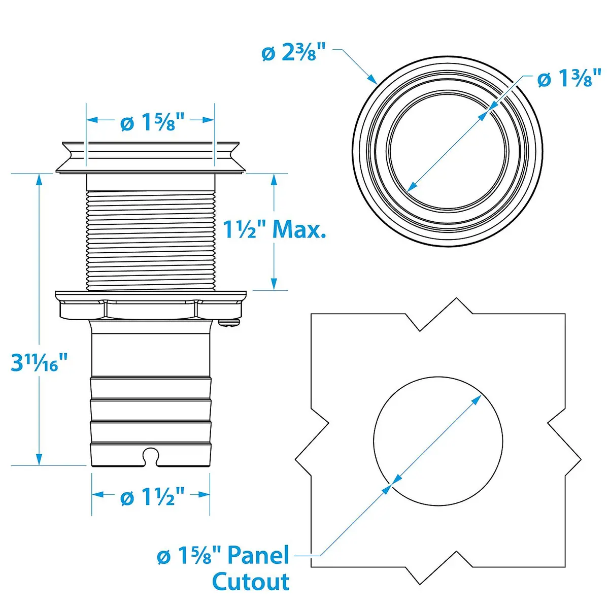 Seachoice 50-18631 Mega-Flow Dripless Thru Hull Fitting, 316 Ss, Fits 1-1/2" Hose, 1-1/2" Max Hull 2