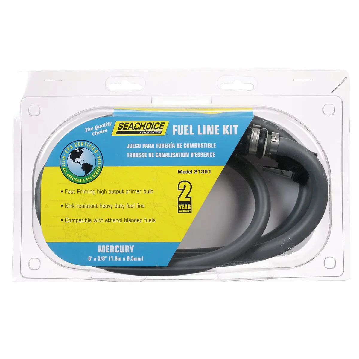 Seachoice 21391 Low Permeation Fuel Line Kit W/ High-Output Primer Bulb, Mercury, 3/8 In. X 7 Ft. 1