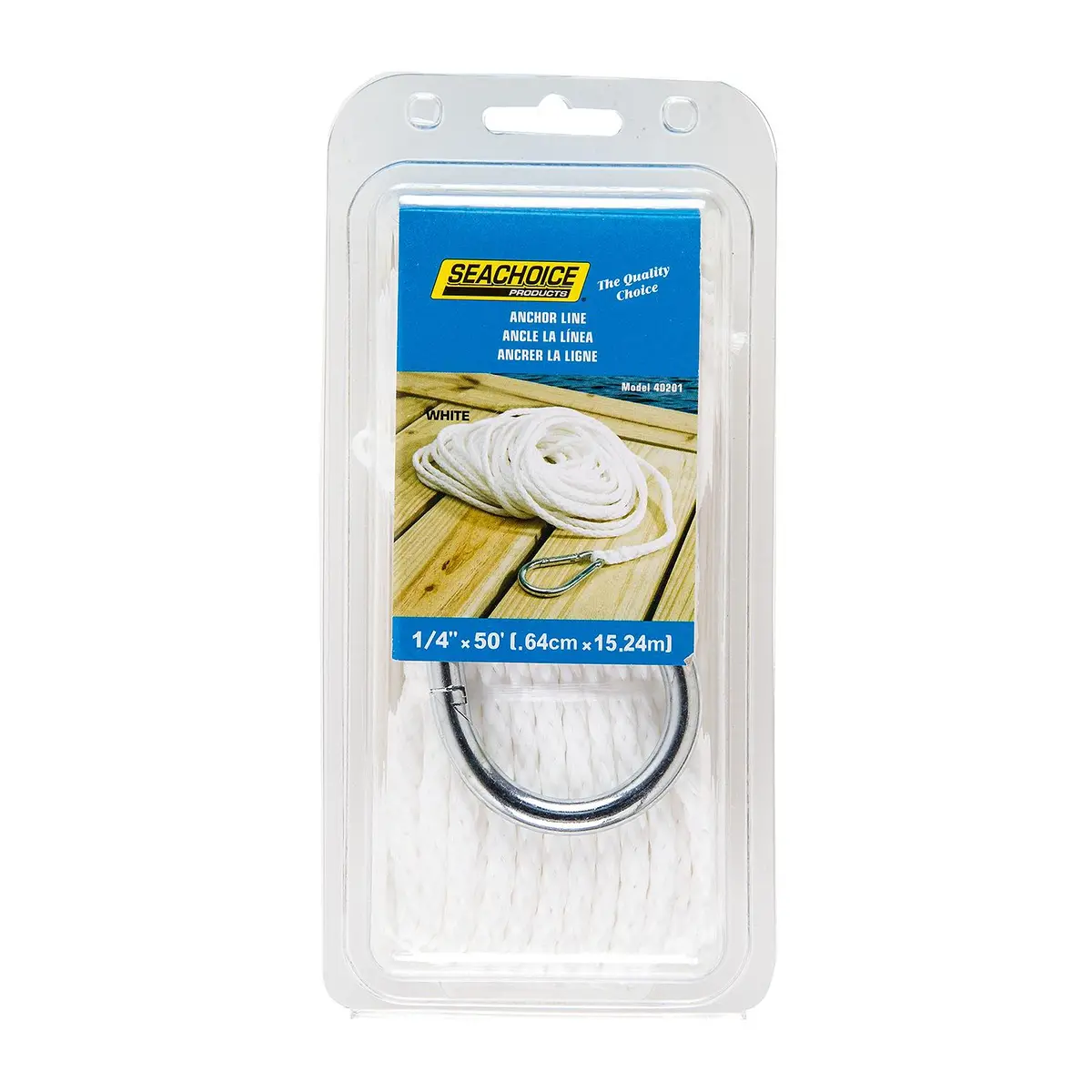 Seachoice 40201 Hollow Braid Polypropylene Anchor Line, White, 1/4" X 50' 1