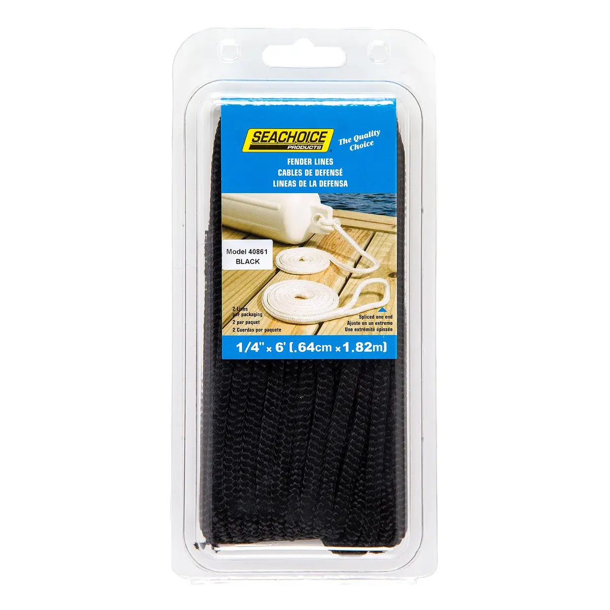 Seachoice 40861 Double Braided Nylon Fender Line 1/4" X 6', Black (2 Per Pack) 1
