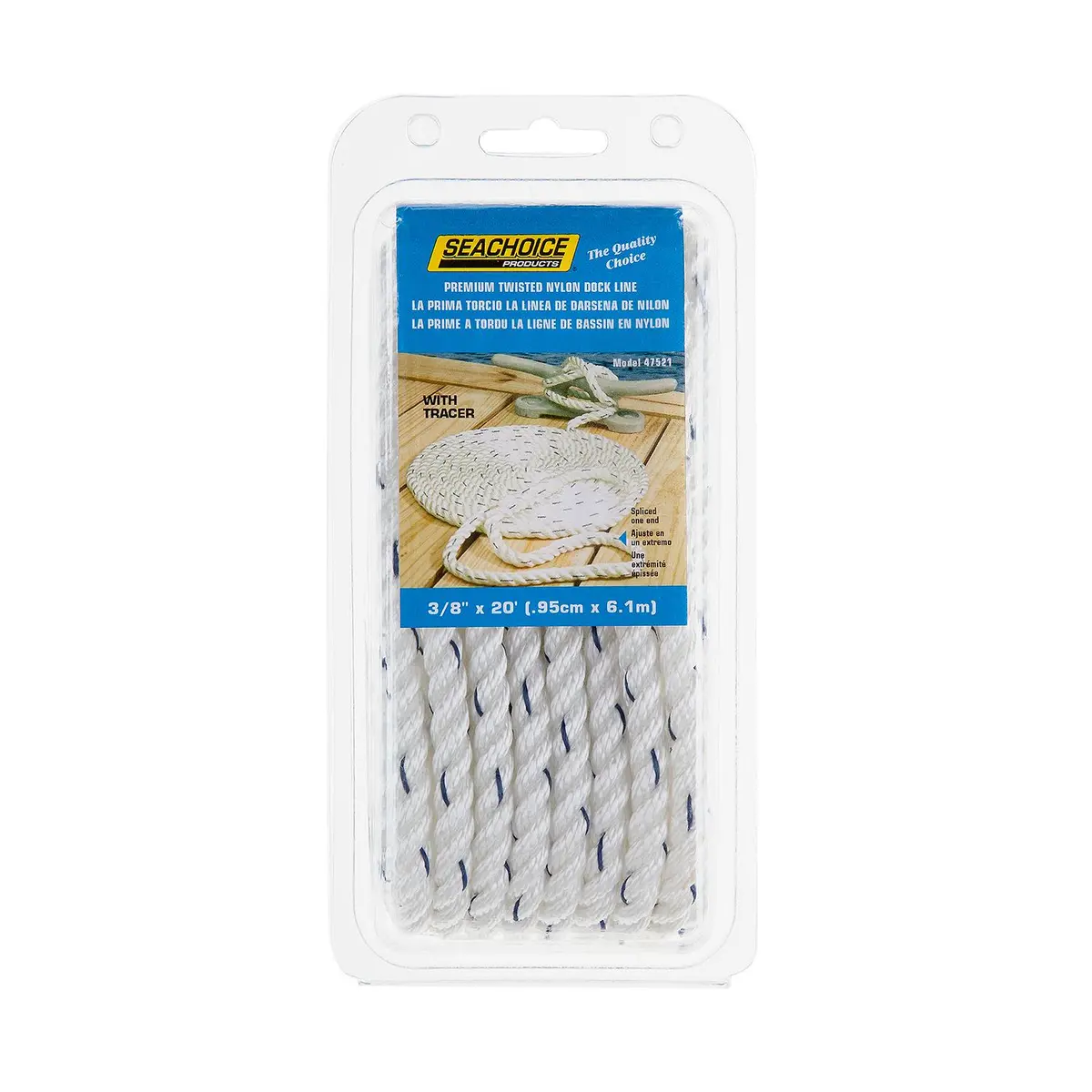 Seachoice 47521 Premium 3-Strand Twisted Nylon Dock Line, White W/ Blue Tracer, 3/8" X 20' 1