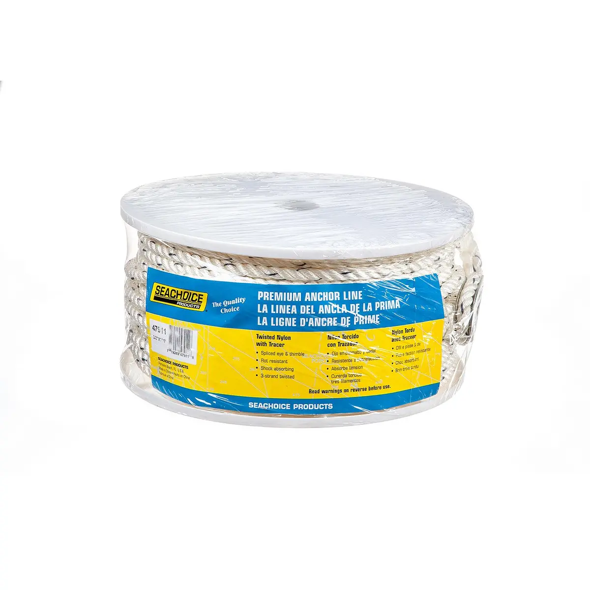 Seachoice 47911 Premium 3-Strand Twisted Nylon Anchor Line White W/ Blue Tracer, 3/8" X 200' 1