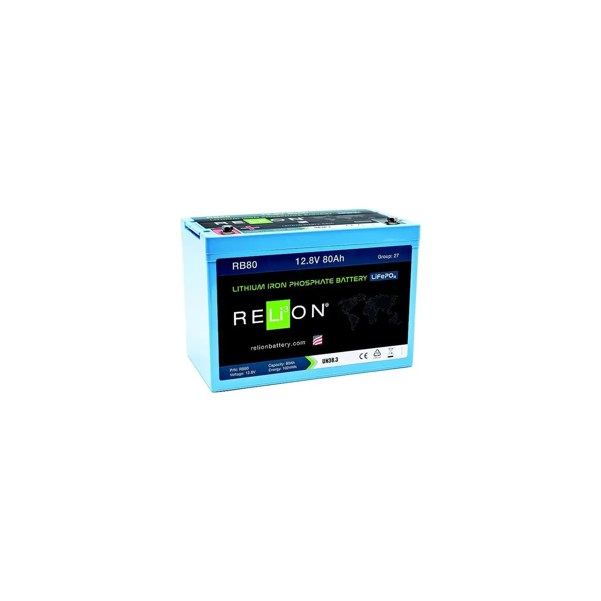 Relion Rb80 Lifepo4 Lithium Iron Phosphate 12V Battery, Group 27 1