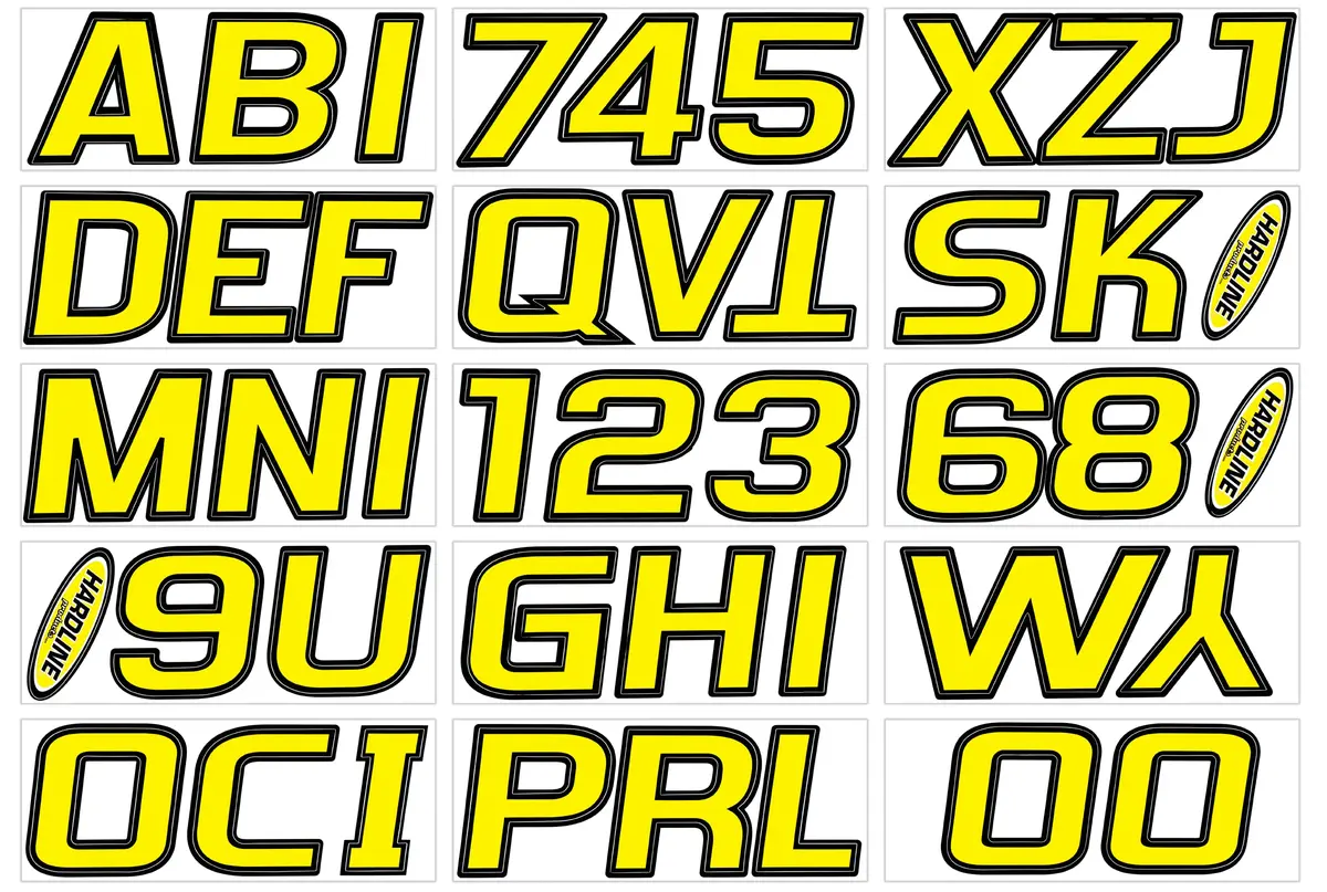 Hardline Yeblk700 Series 700 Registration Kit, Yellow/Black, Slanted European Font, Solid Fill/Outline, 4 Sets Of 3" A-Z, 0-9 1